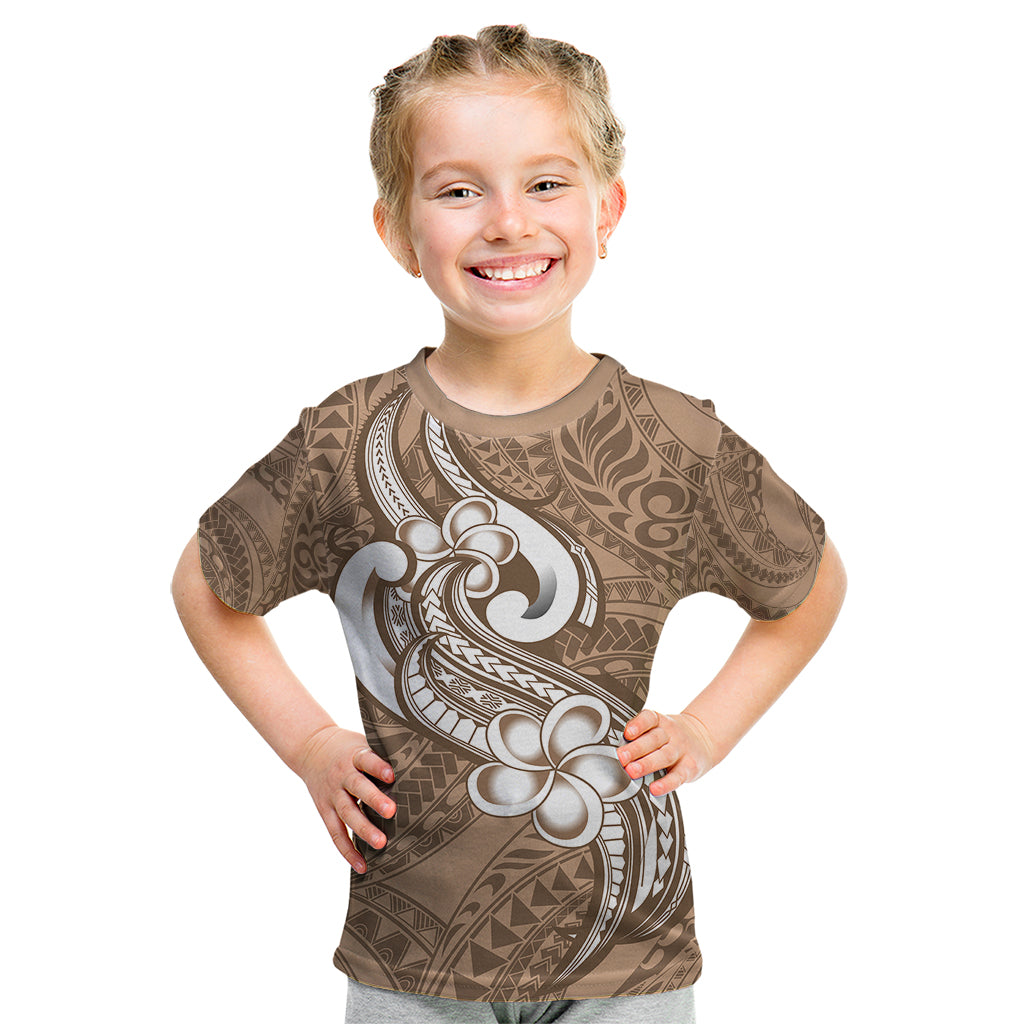 Polynesia Kid T Shirt Plumeria With Tribal Pattern Brown Pastel Vibes LT14 Brown - Polynesian Pride