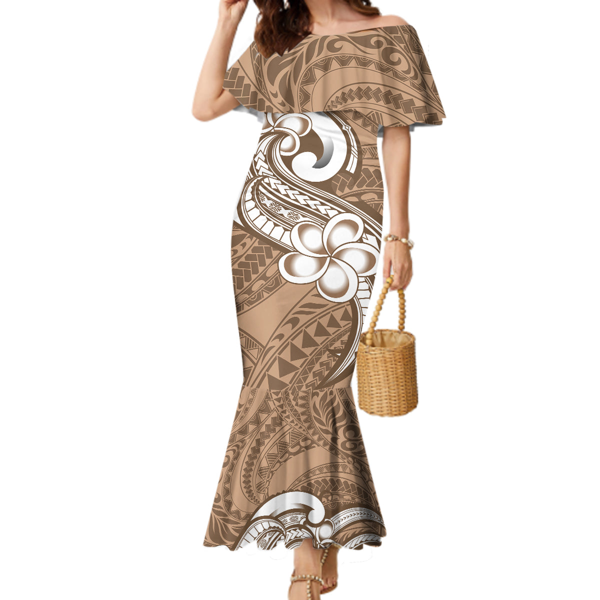 Polynesia Mermaid Dress Plumeria With Tribal Pattern Brown Pastel Vibes LT14 Women Brown - Polynesian Pride