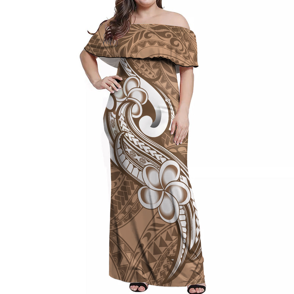 Polynesia Off Shoulder Maxi Dress Plumeria With Tribal Pattern Brown Pastel Vibes LT14 Women Brown - Polynesian Pride