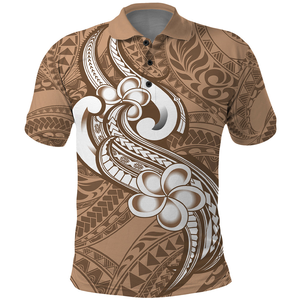 Polynesia Polo Shirt Plumeria With Tribal Pattern Brown Pastel Vibes LT14 Brown - Polynesian Pride