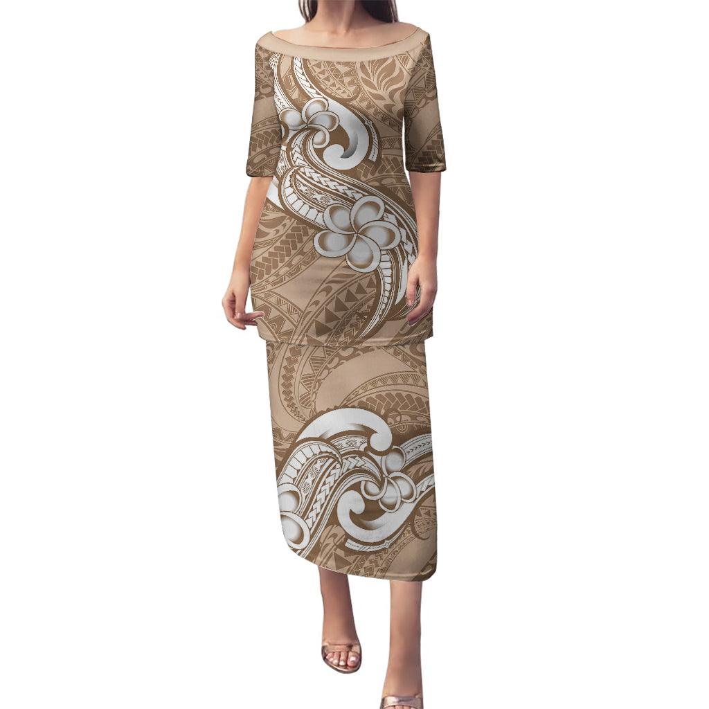 Polynesia Puletasi Plumeria With Tribal Pattern Brown Pastel Vibes LT14 Long Dress Brown - Polynesian Pride