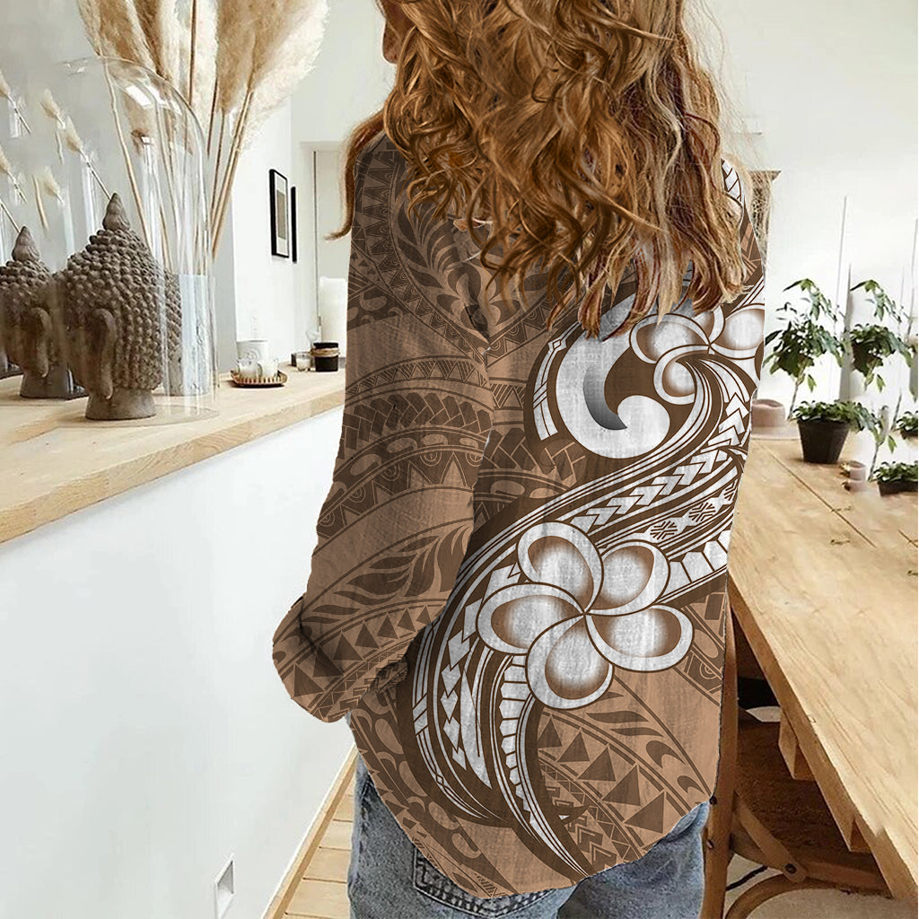 Polynesia Women Casual Shirt Plumeria With Tribal Pattern Brown Pastel Vibes LT14 - Polynesian Pride