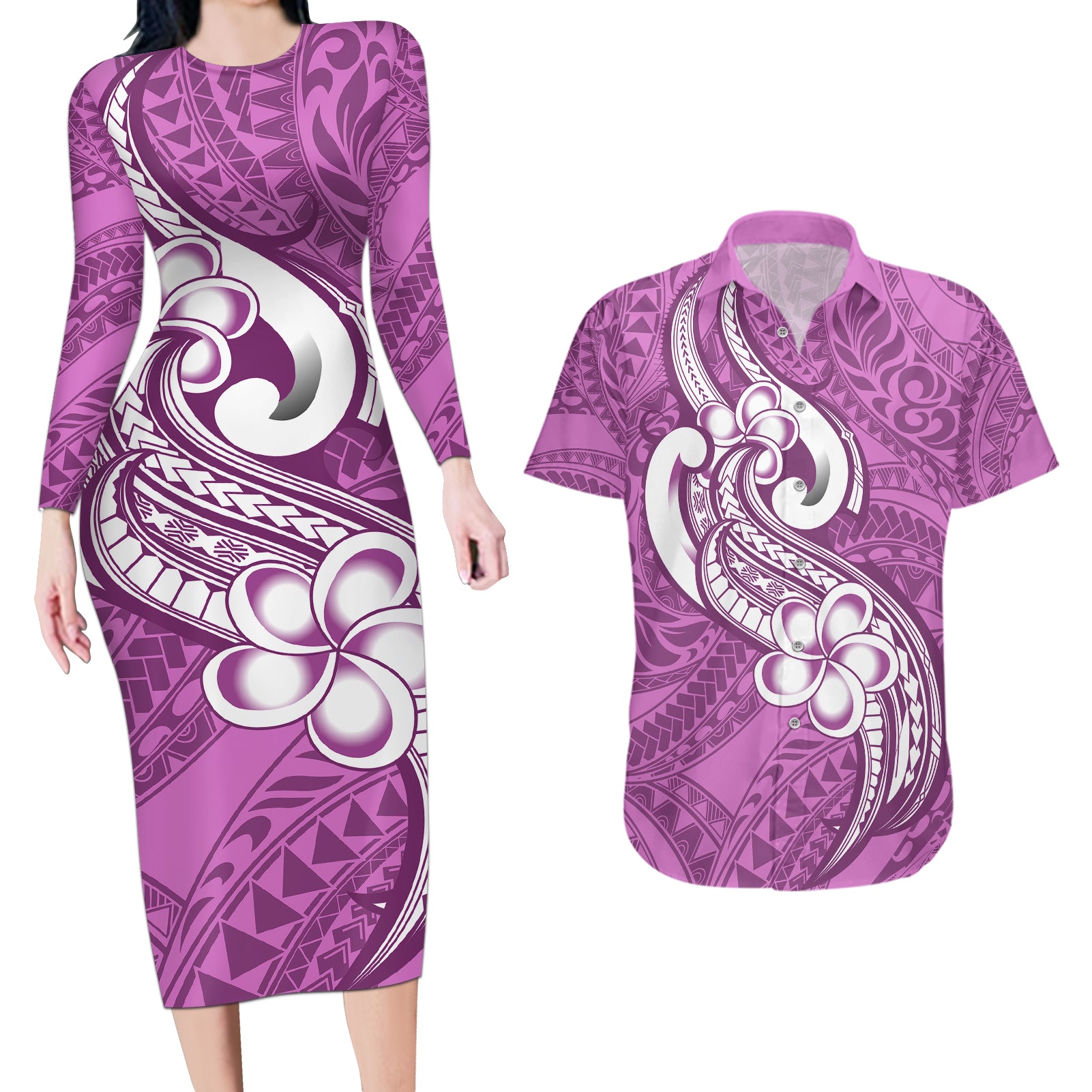Polynesia Couples Matching Long Sleeve Bodycon Dress and Hawaiian Shirt Plumeria With Tribal Pattern Pink Pastel Vibes LT14 Pink - Polynesian Pride
