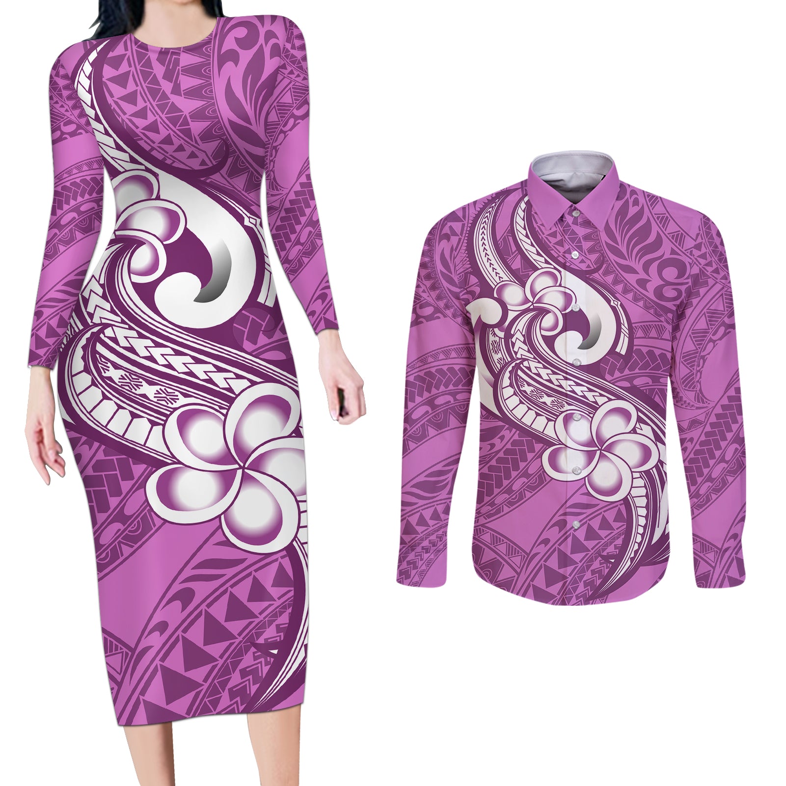 Polynesia Couples Matching Long Sleeve Bodycon Dress and Long Sleeve Button Shirts Plumeria With Tribal Pattern Pink Pastel Vibes LT14 Pink - Polynesian Pride