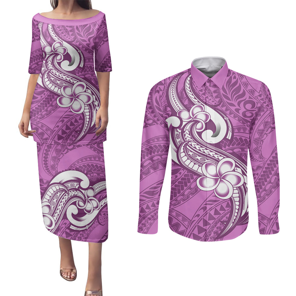 Polynesia Couples Matching Puletasi Dress and Long Sleeve Button Shirts Plumeria With Tribal Pattern Pink Pastel Vibes LT14 Pink - Polynesian Pride