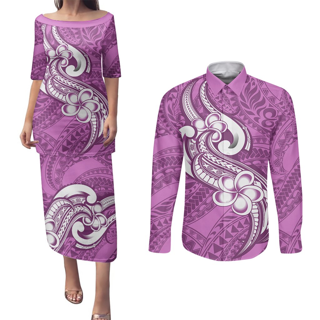 Polynesia Couples Matching Puletasi Dress and Long Sleeve Button Shirts Plumeria With Tribal Pattern Pink Pastel Vibes LT14 Pink - Polynesian Pride
