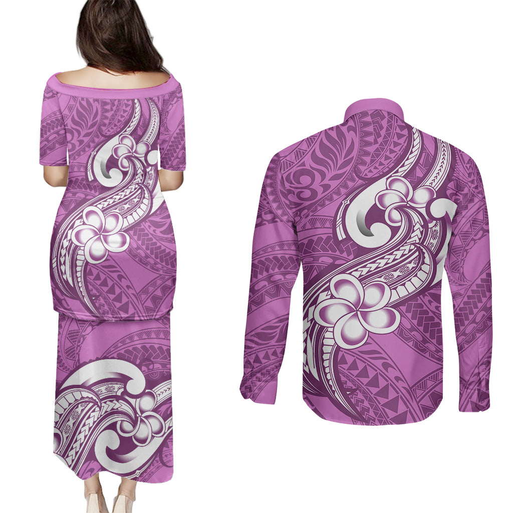 Polynesia Couples Matching Puletasi Dress and Long Sleeve Button Shirts Plumeria With Tribal Pattern Pink Pastel Vibes LT14 - Polynesian Pride