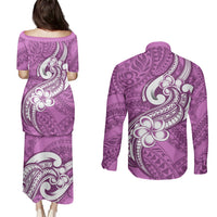Polynesia Couples Matching Puletasi Dress and Long Sleeve Button Shirts Plumeria With Tribal Pattern Pink Pastel Vibes LT14 - Polynesian Pride
