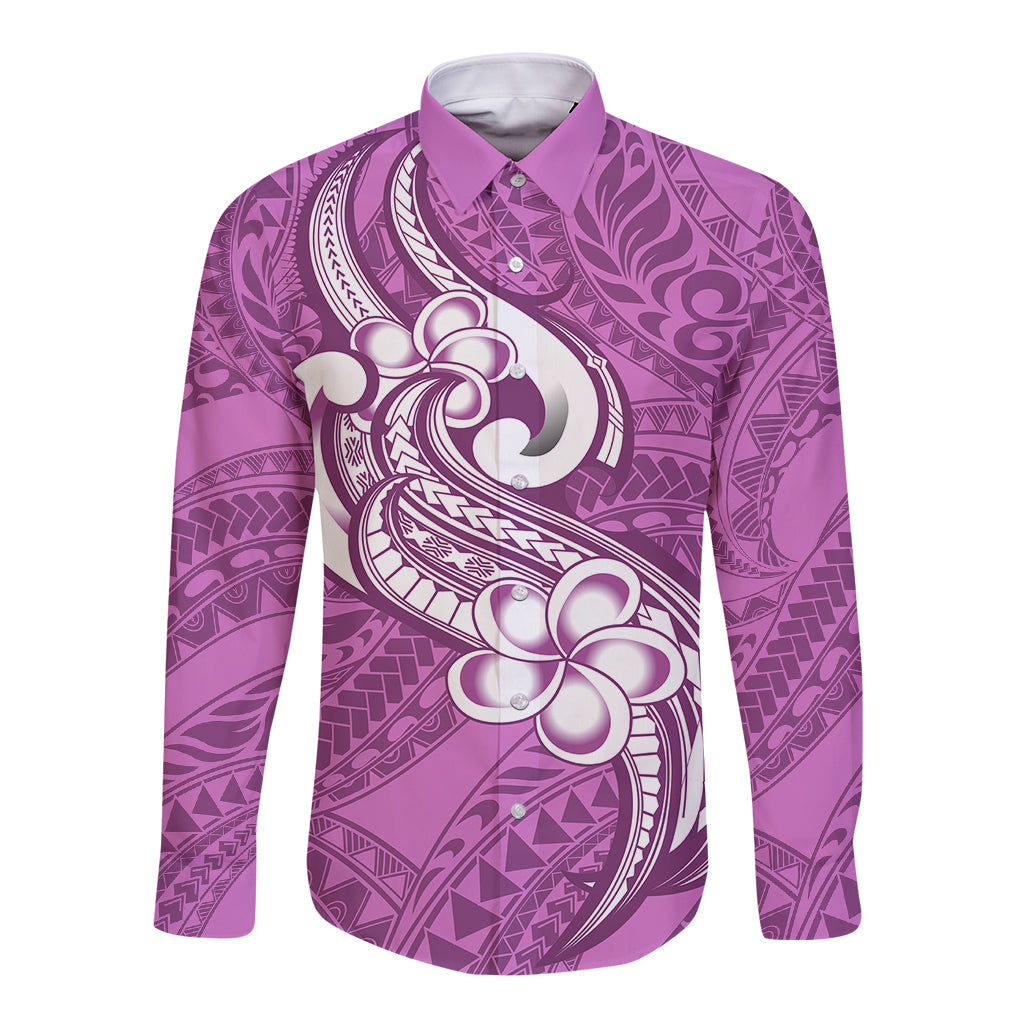 Polynesia Long Sleeve Button Shirt Plumeria With Tribal Pattern Pink Pastel Vibes LT14 Unisex Pink - Polynesian Pride