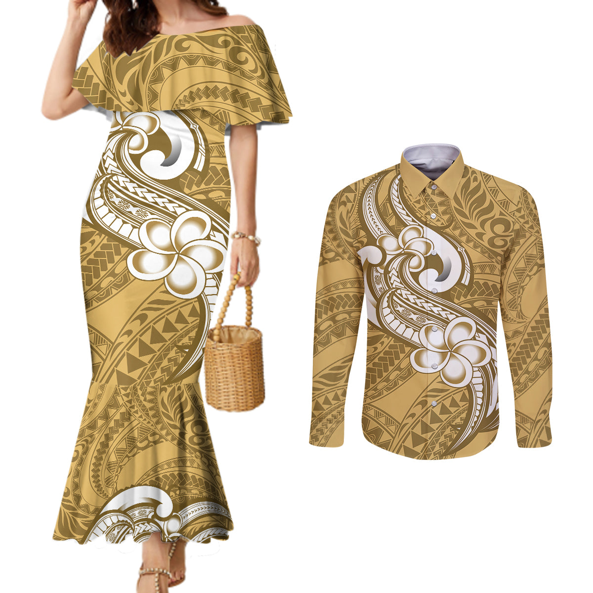 Polynesia Couples Matching Mermaid Dress and Long Sleeve Button Shirts Plumeria With Tribal Pattern Yellow Pastel Vibes LT14 Yellow - Polynesian Pride