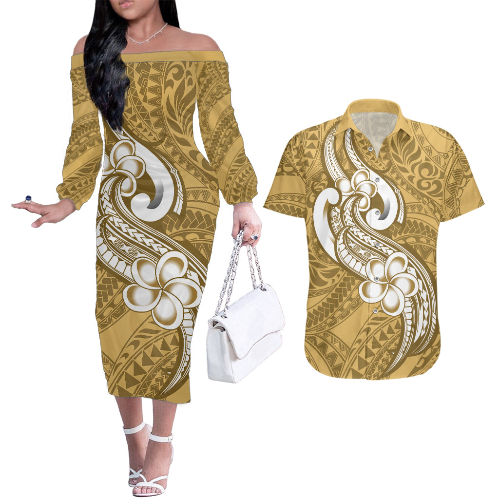 Polynesia Couples Matching Off The Shoulder Long Sleeve Dress and Hawaiian Shirt Plumeria With Tribal Pattern Yellow Pastel Vibes LT14 Yellow - Polynesian Pride