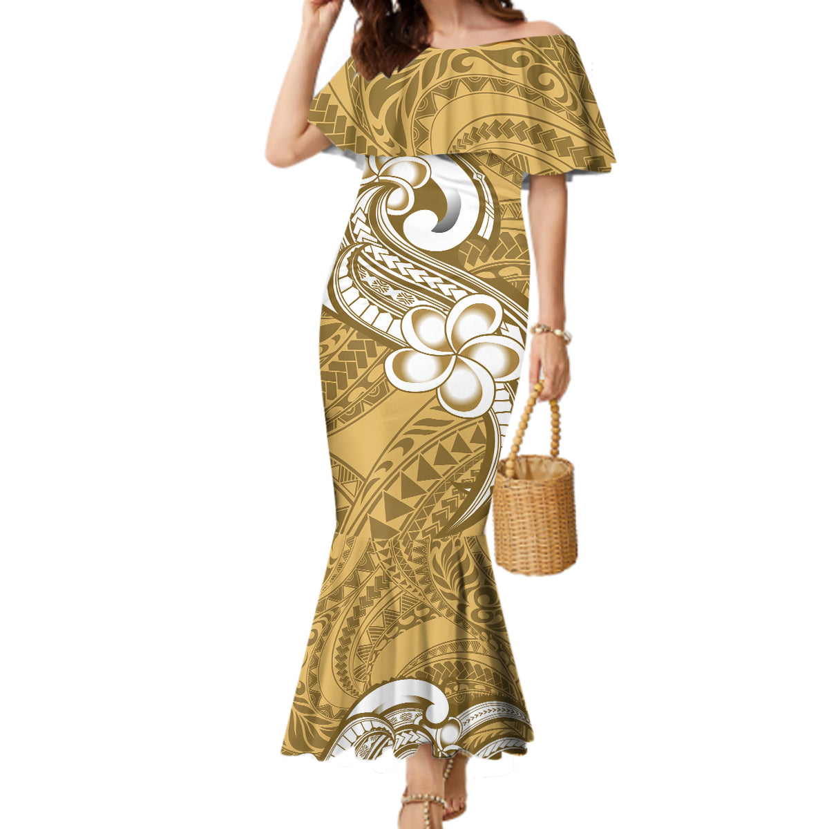 Polynesia Mermaid Dress Plumeria With Tribal Pattern Yellow Pastel Vibes LT14 Women Yellow - Polynesian Pride