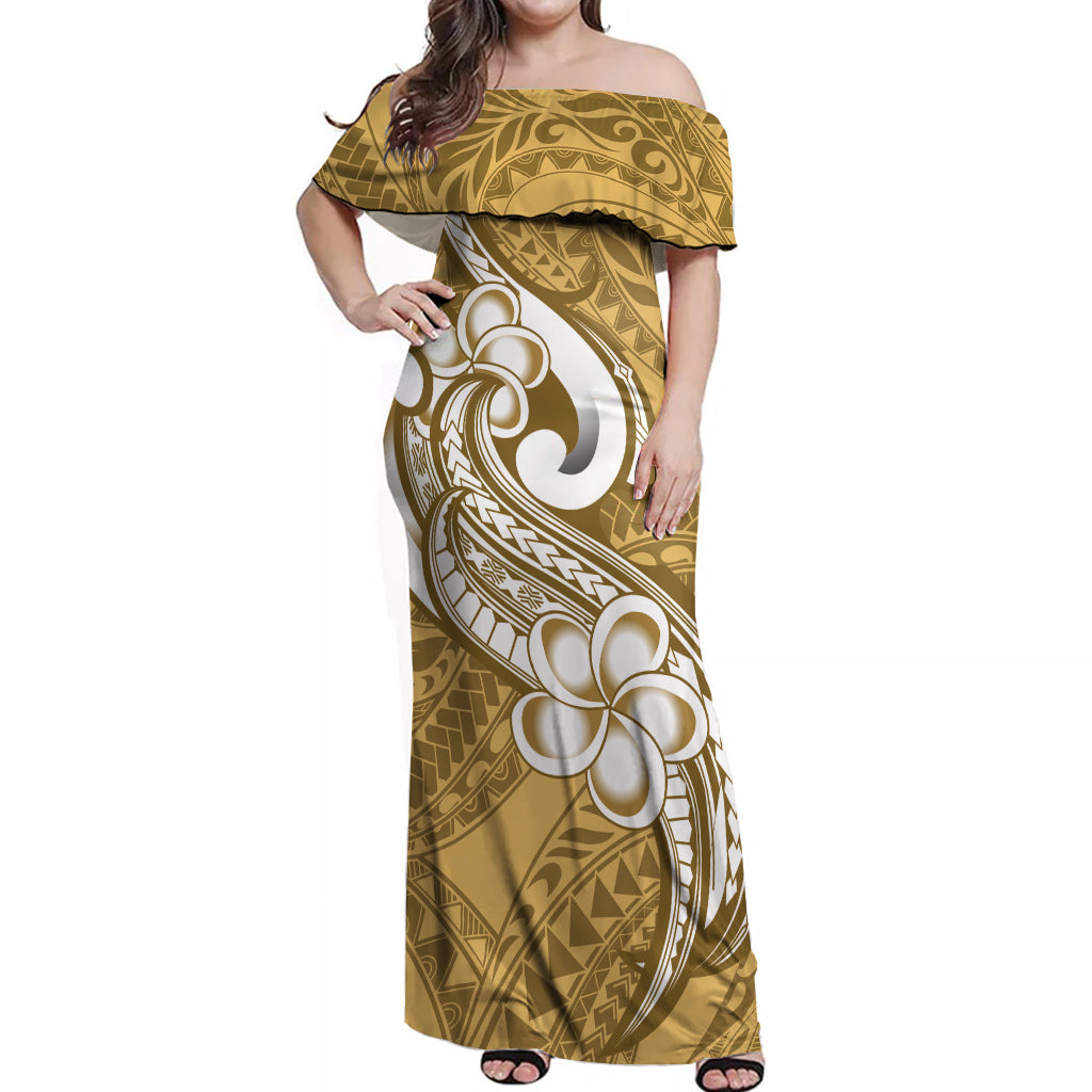 Polynesia Off Shoulder Maxi Dress Plumeria With Tribal Pattern Yellow Pastel Vibes LT14 Women Yellow - Polynesian Pride