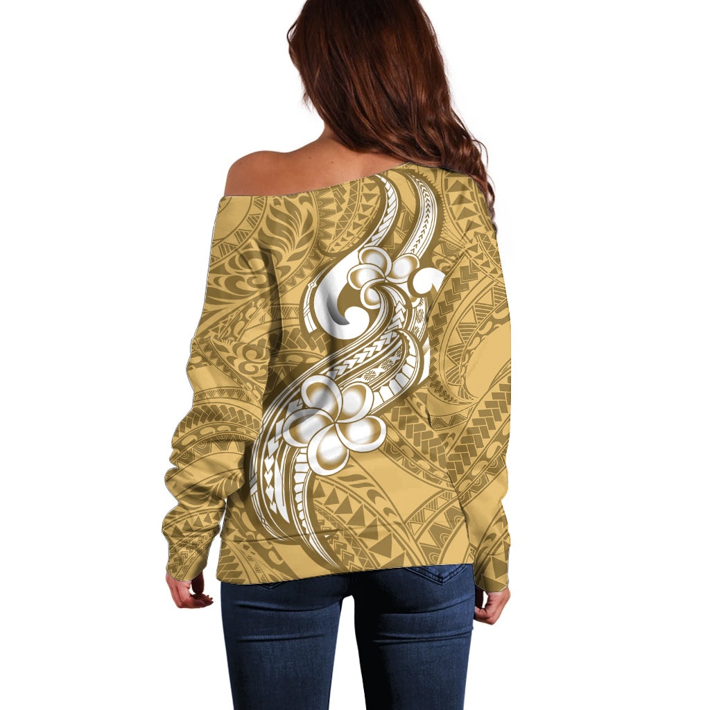 Polynesia Off Shoulder Sweater Plumeria With Tribal Pattern Yellow Pastel Vibes LT14 - Polynesian Pride