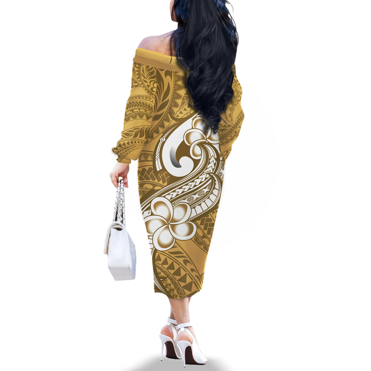 Polynesia Off The Shoulder Long Sleeve Dress Plumeria With Tribal Pattern Yellow Pastel Vibes LT14 - Polynesian Pride