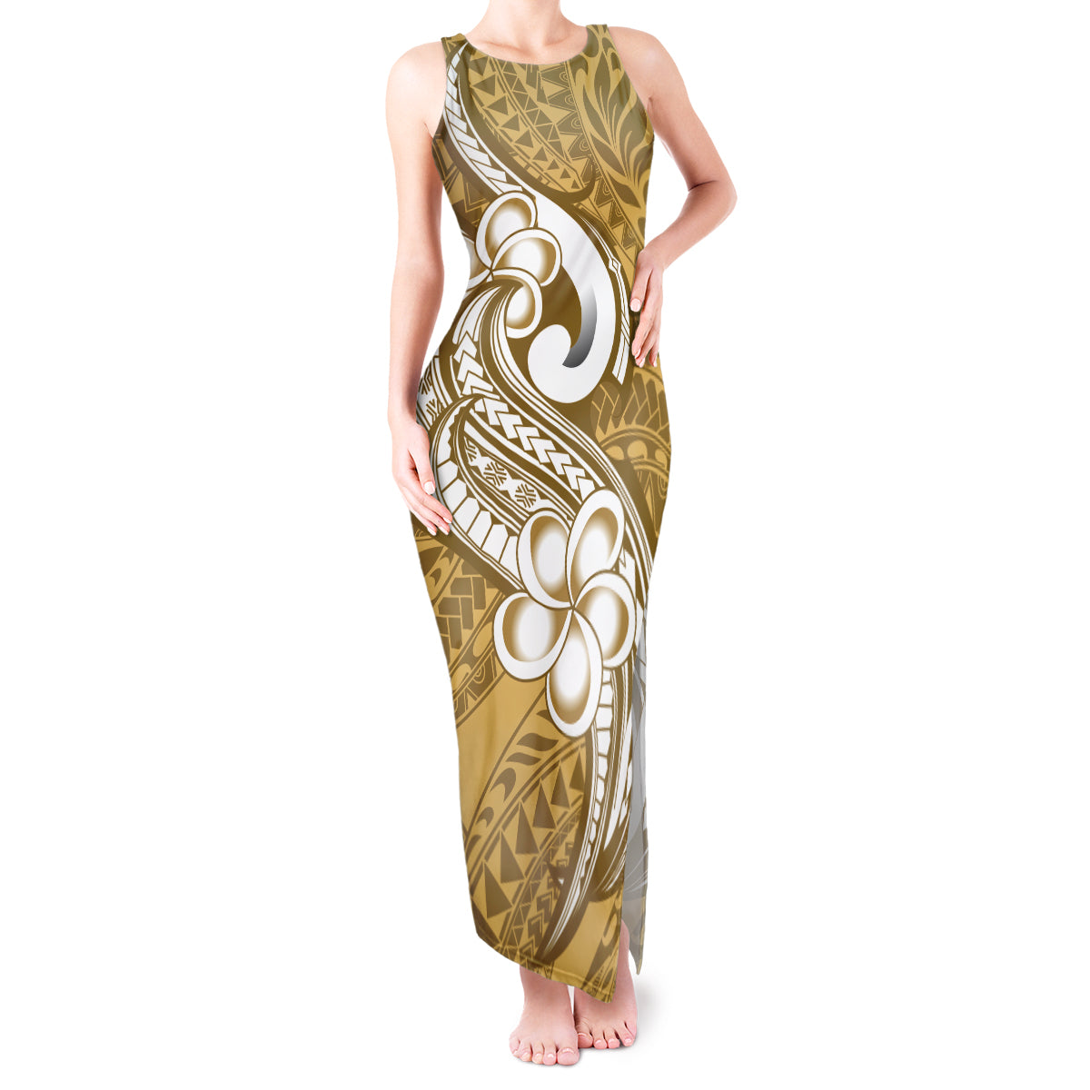 Polynesia Tank Maxi Dress Plumeria With Tribal Pattern Yellow Pastel Vibes LT14 Women Yellow - Polynesian Pride