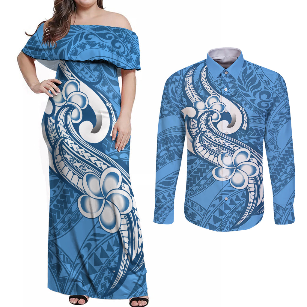 Polynesia Couples Matching Off Shoulder Maxi Dress and Long Sleeve Button Shirts Plumeria With Tribal Pattern Blue Pastel Vibes LT14 Blue - Polynesian Pride
