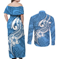 Polynesia Couples Matching Off Shoulder Maxi Dress and Long Sleeve Button Shirts Plumeria With Tribal Pattern Blue Pastel Vibes LT14 - Polynesian Pride
