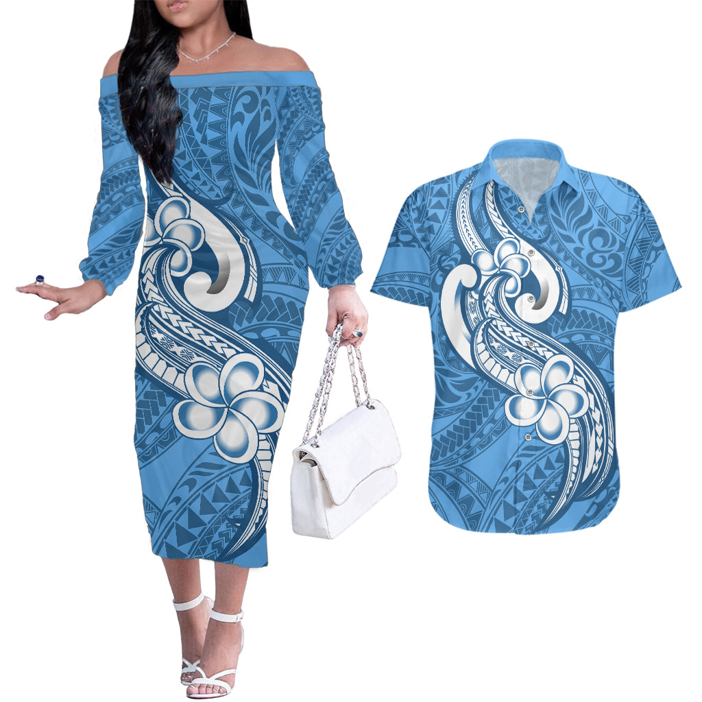 Polynesia Couples Matching Off The Shoulder Long Sleeve Dress and Hawaiian Shirt Plumeria With Tribal Pattern Blue Pastel Vibes LT14 Blue - Polynesian Pride