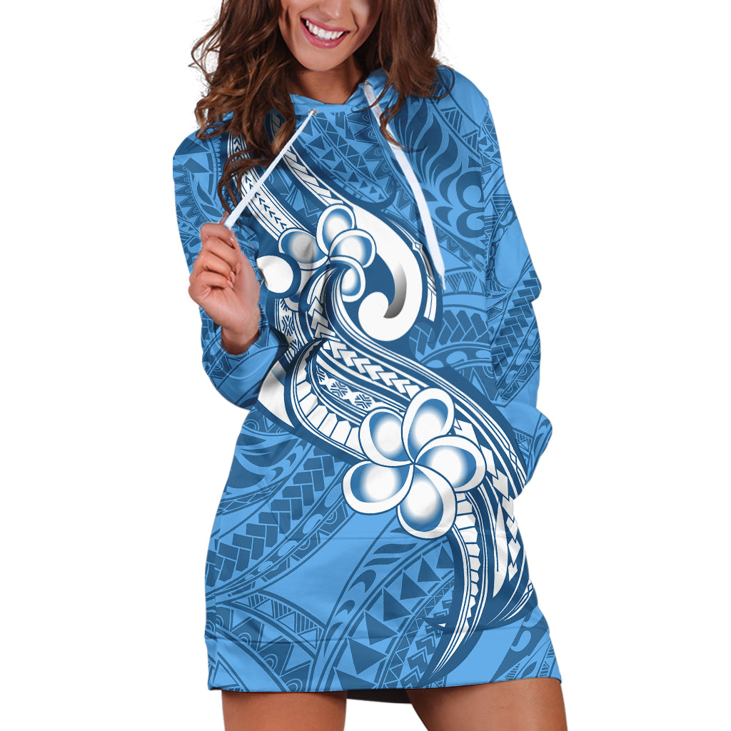 Polynesia Hoodie Dress Plumeria With Tribal Pattern Blue Pastel Vibes LT14 Blue - Polynesian Pride