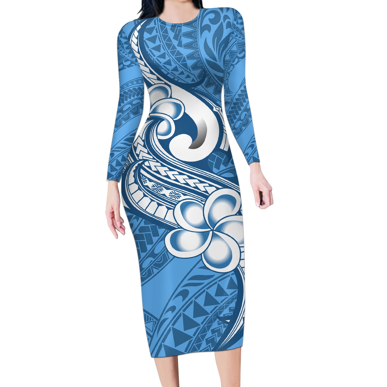 Polynesia Long Sleeve Bodycon Dress Plumeria With Tribal Pattern Blue Pastel Vibes LT14 Long Dress Blue - Polynesian Pride