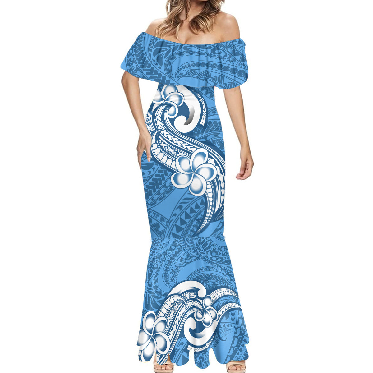 Polynesia Mermaid Dress Plumeria With Tribal Pattern Blue Pastel Vibes LT14 - Polynesian Pride