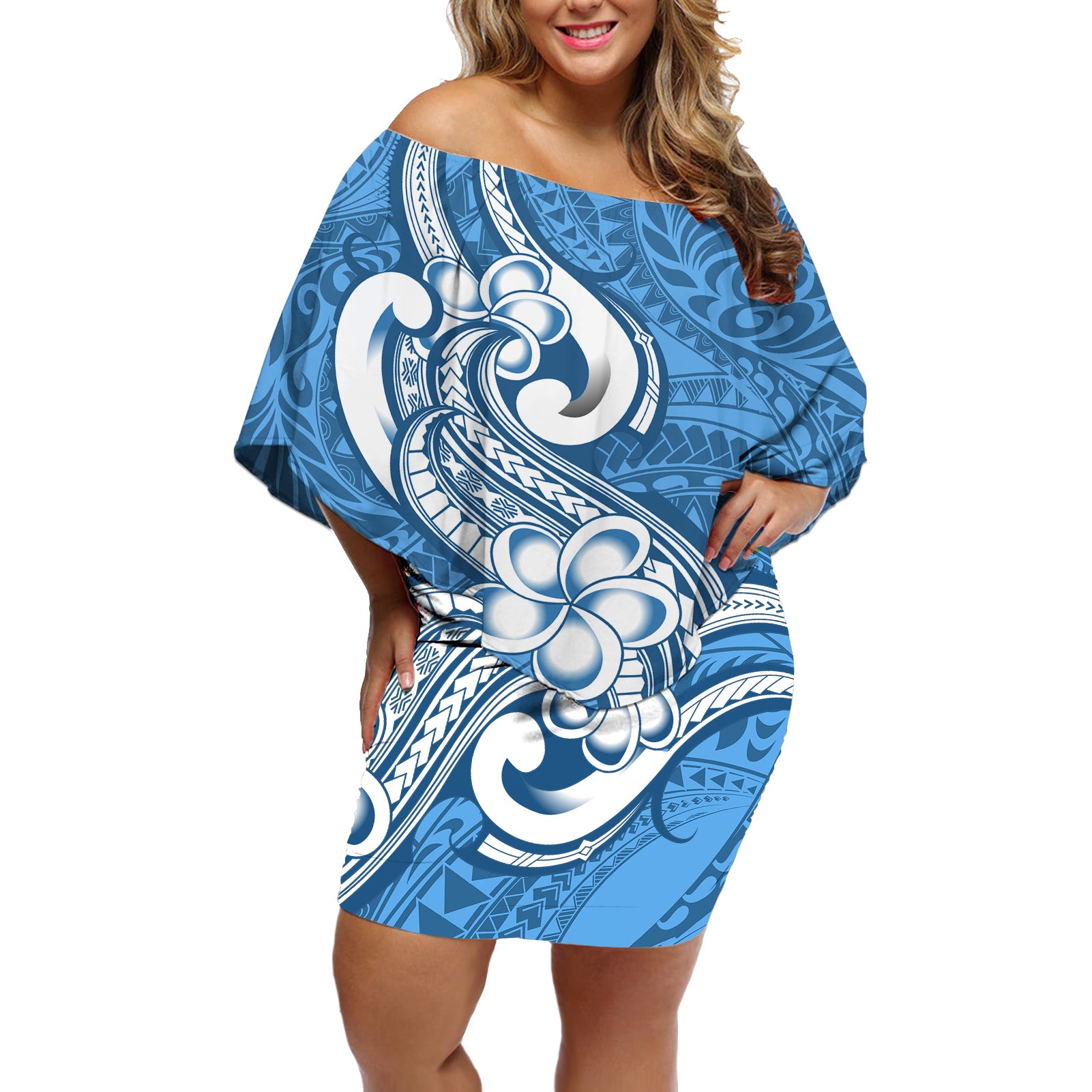 Polynesia Off Shoulder Short Dress Plumeria With Tribal Pattern Blue Pastel Vibes LT14 Women Blue - Polynesian Pride