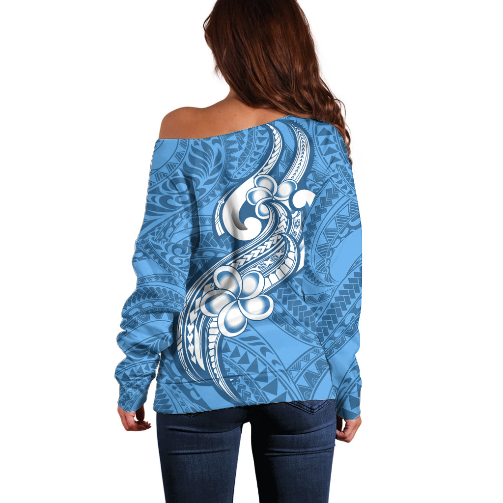 Polynesia Off Shoulder Sweater Plumeria With Tribal Pattern Blue Pastel Vibes LT14 - Polynesian Pride