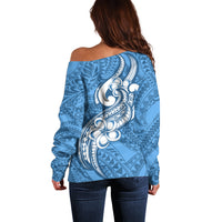 Polynesia Off Shoulder Sweater Plumeria With Tribal Pattern Blue Pastel Vibes LT14 - Polynesian Pride