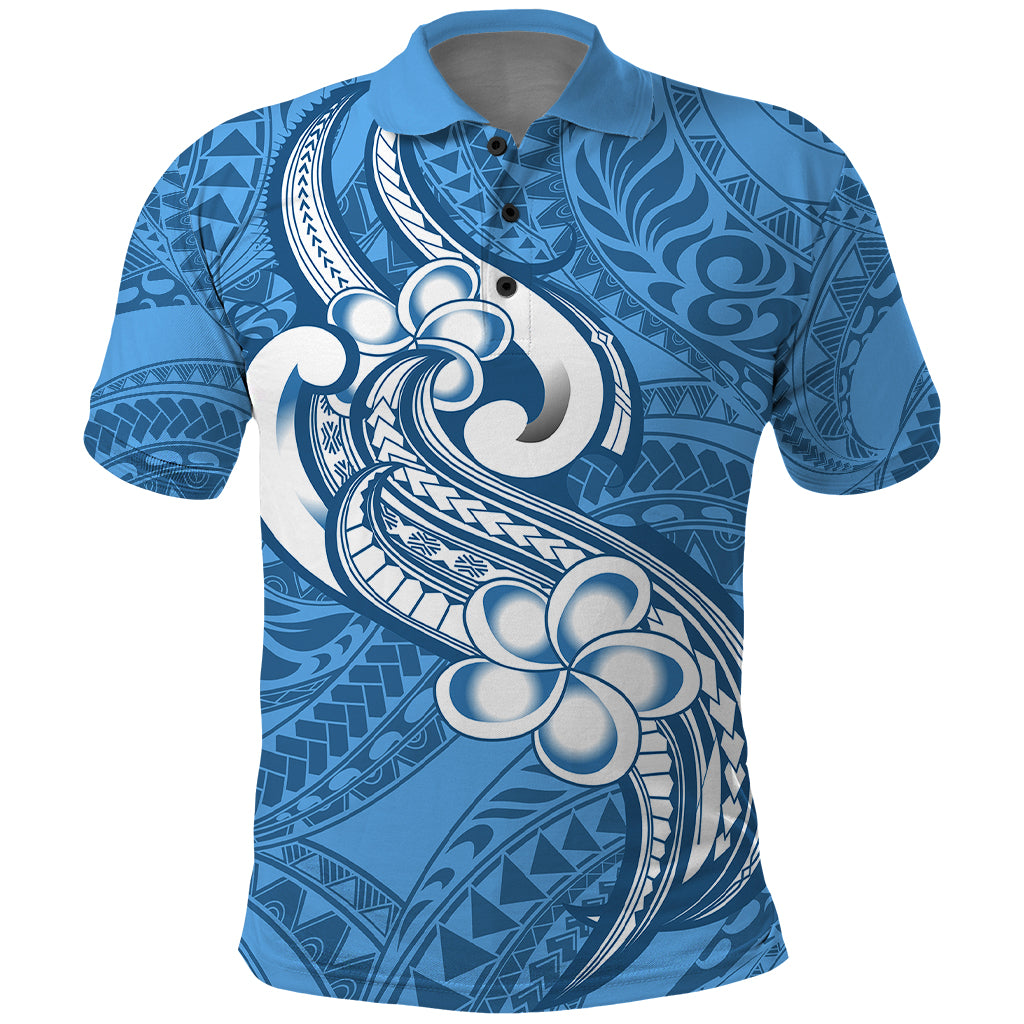 Polynesia Polo Shirt Plumeria With Tribal Pattern Blue Pastel Vibes LT14 Blue - Polynesian Pride