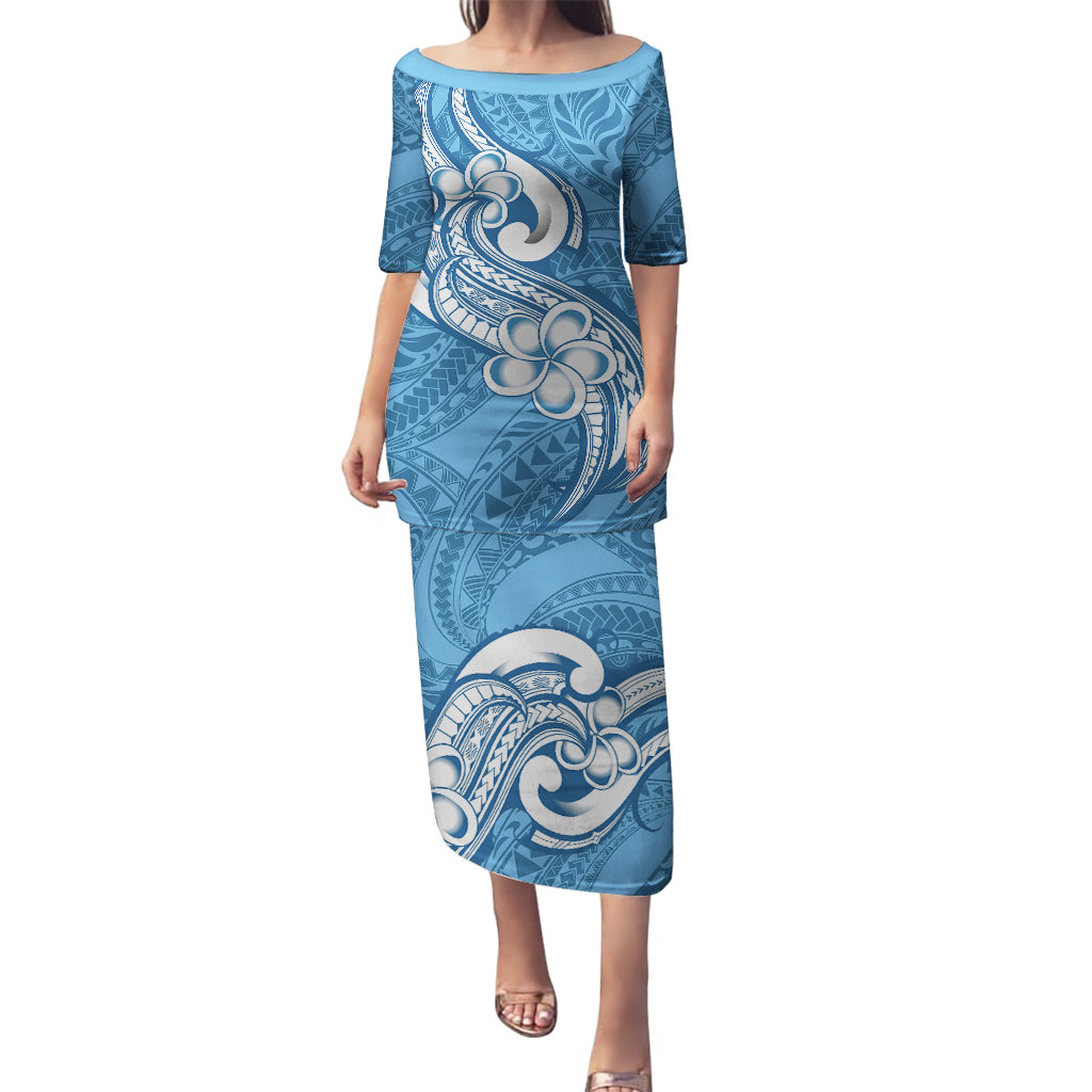 Polynesia Puletasi Plumeria With Tribal Pattern Blue Pastel Vibes LT14 Long Dress Blue - Polynesian Pride