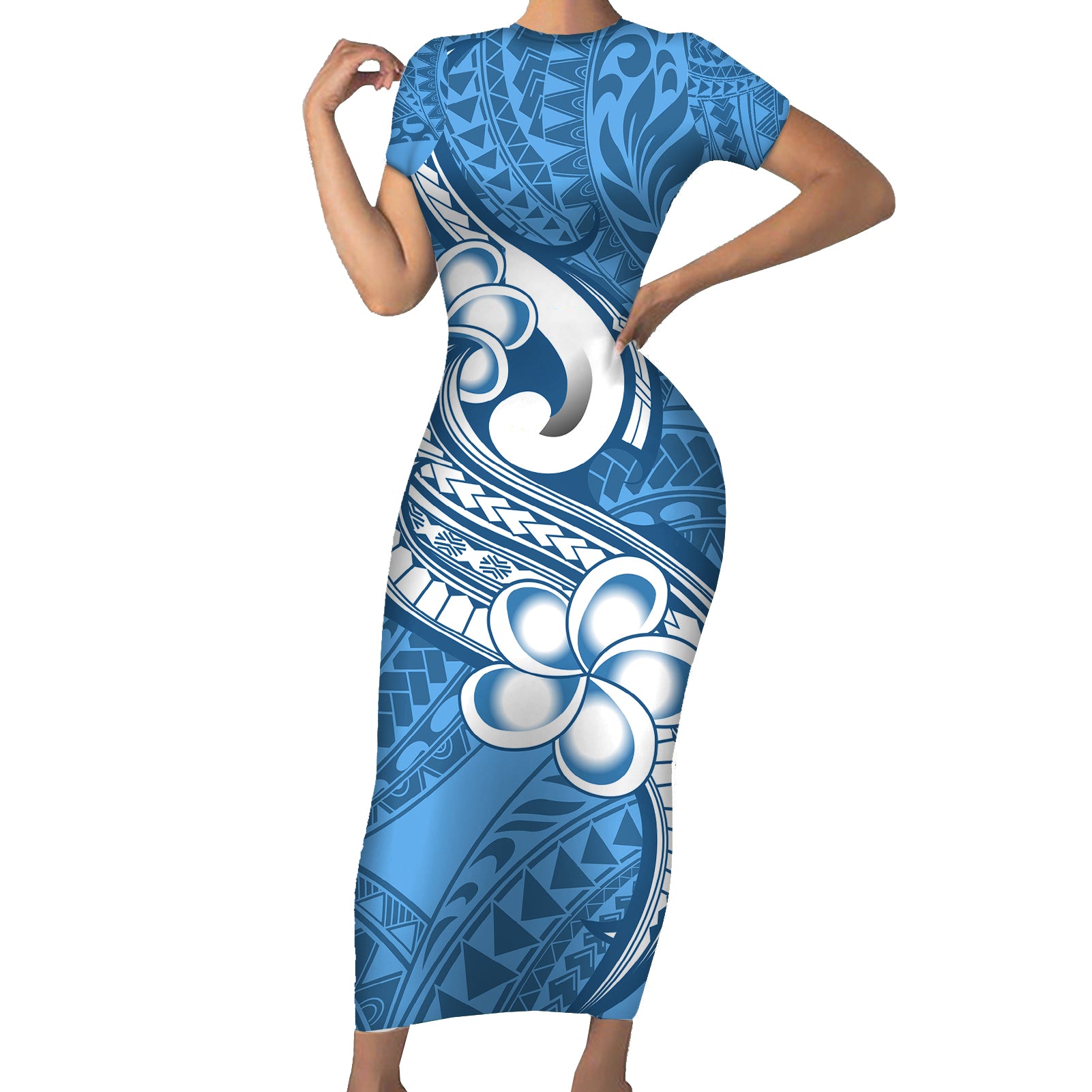 Polynesia Short Sleeve Bodycon Dress Plumeria With Tribal Pattern Blue Pastel Vibes LT14 Long Dress Blue - Polynesian Pride