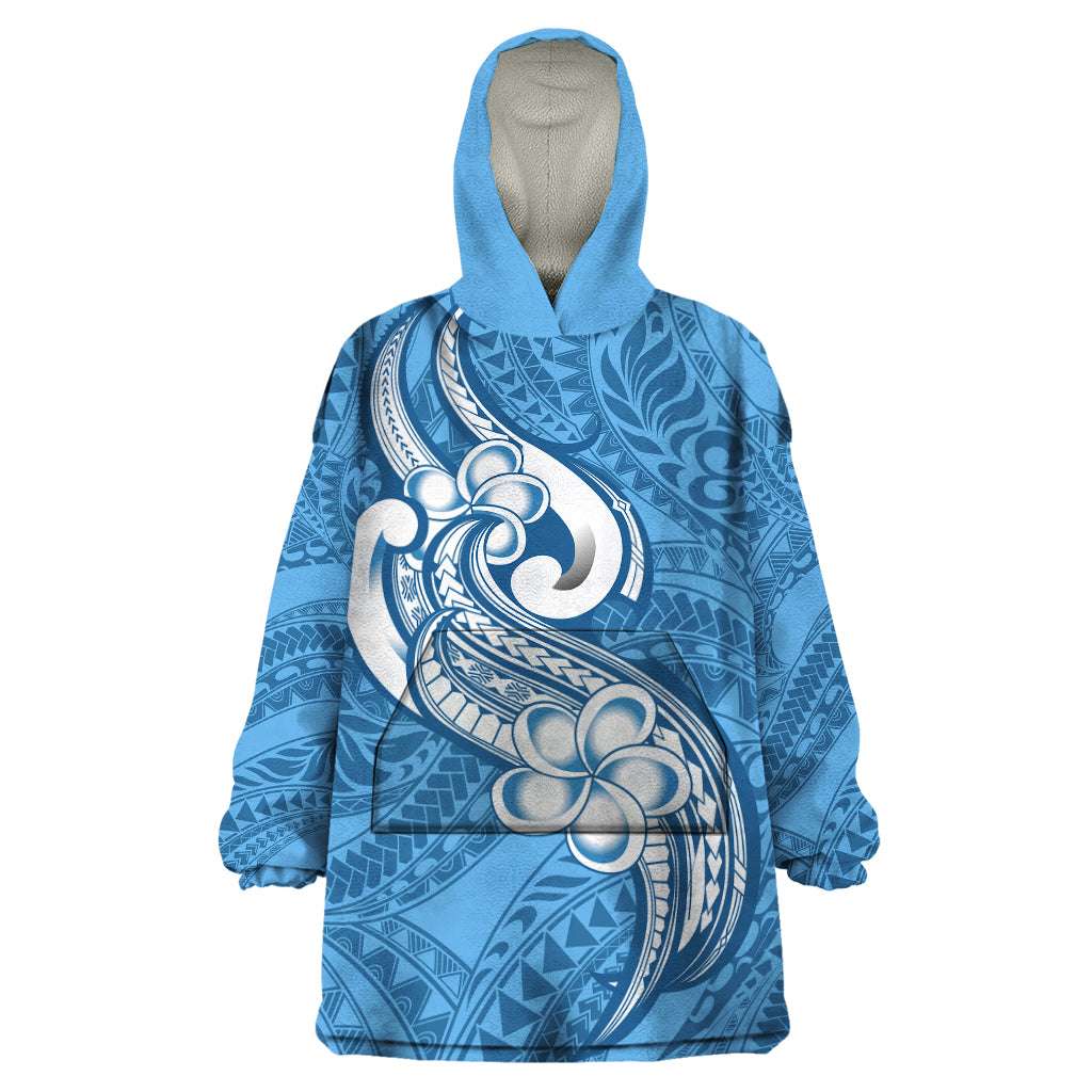 Polynesia Wearable Blanket Hoodie Plumeria With Tribal Pattern Blue Pastel Vibes LT14 One Size Blue - Polynesian Pride