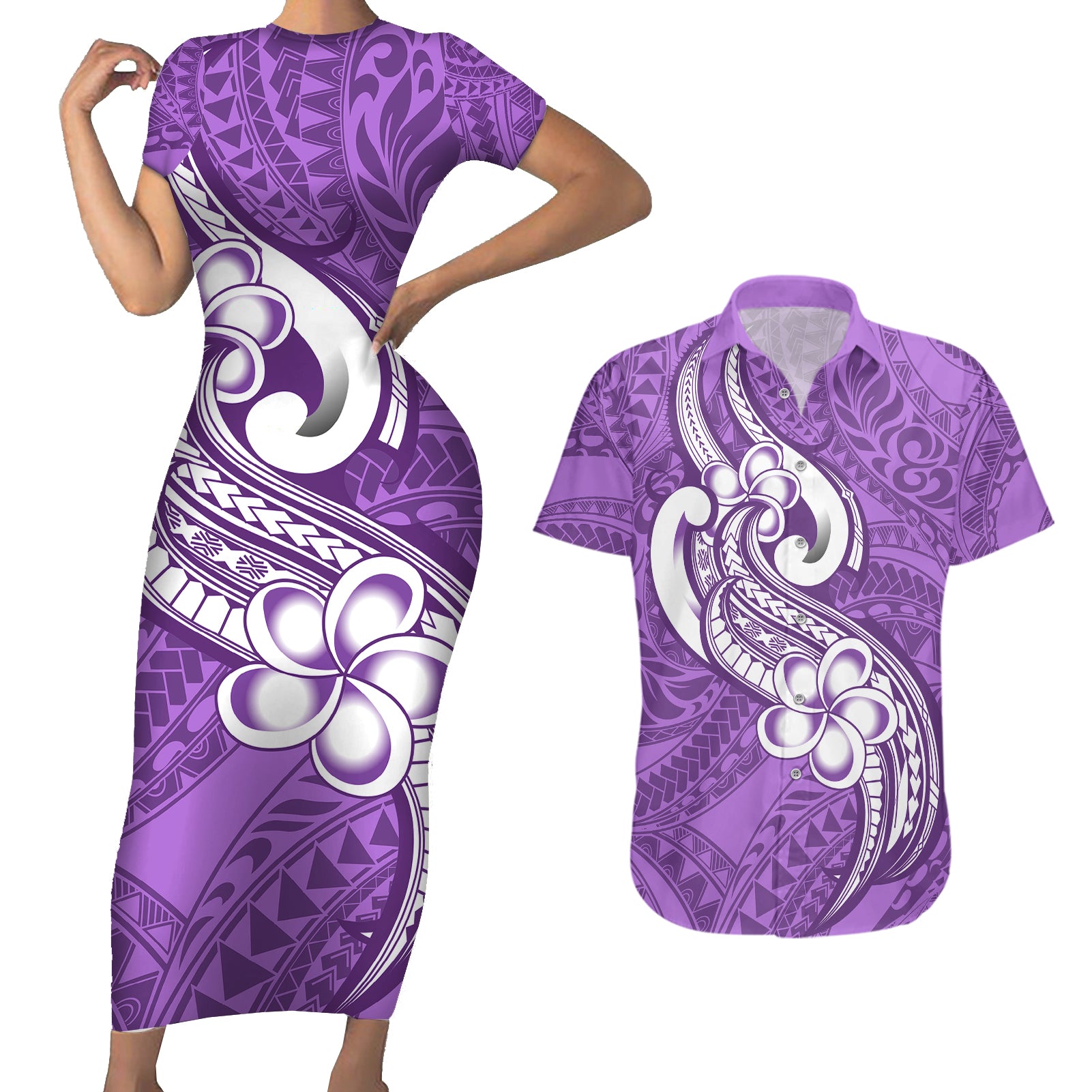 Polynesia Couples Matching Short Sleeve Bodycon Dress and Hawaiian Shirt Plumeria With Tribal Pattern Purple Pastel Vibes LT14 Purple - Polynesian Pride