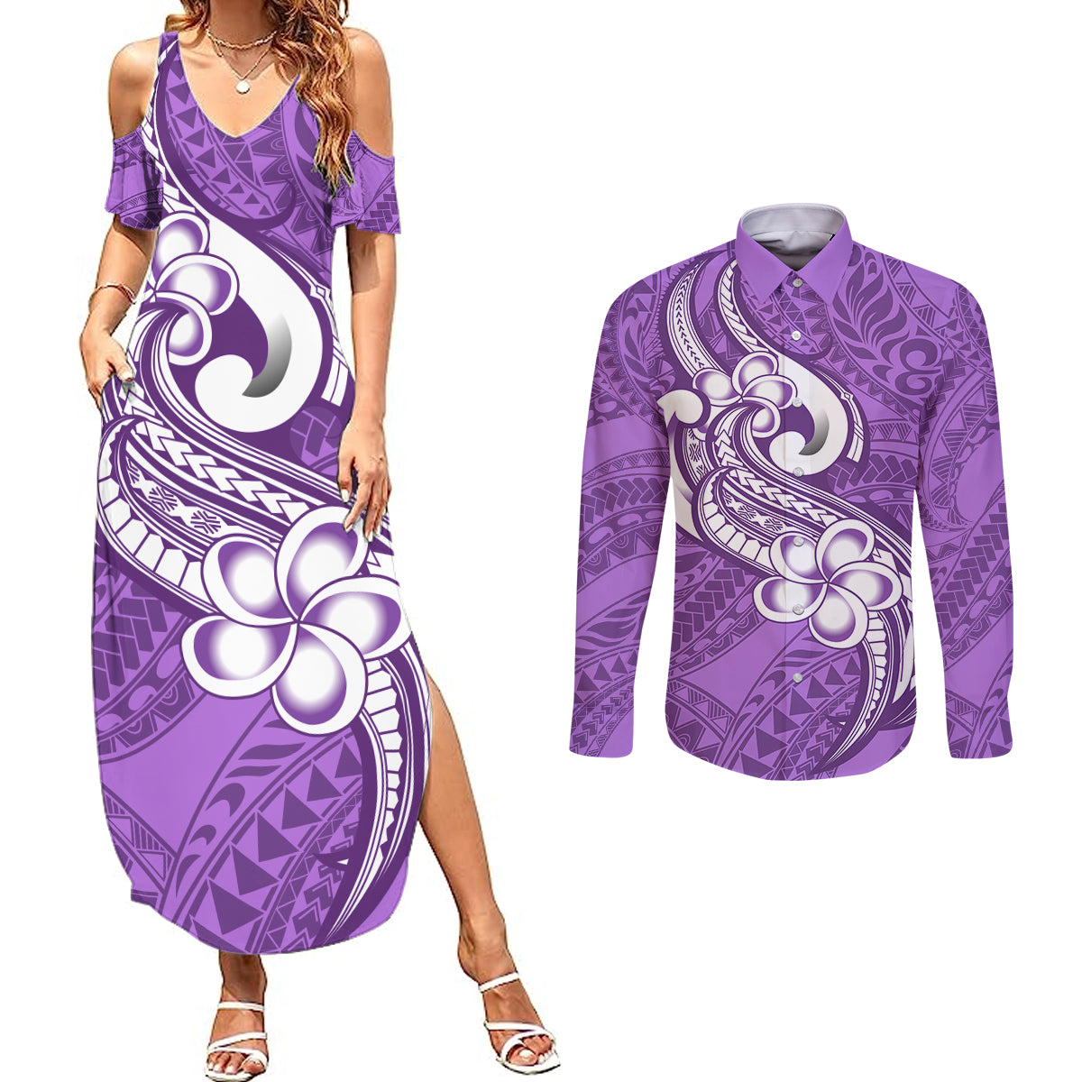 Polynesia Couples Matching Summer Maxi Dress and Long Sleeve Button Shirts Plumeria With Tribal Pattern Purple Pastel Vibes LT14 Purple - Polynesian Pride