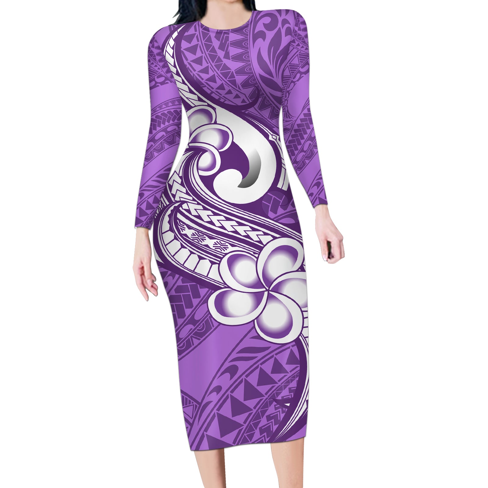 Polynesia Long Sleeve Bodycon Dress Plumeria With Tribal Pattern Purple Pastel Vibes LT14 Long Dress Purple - Polynesian Pride