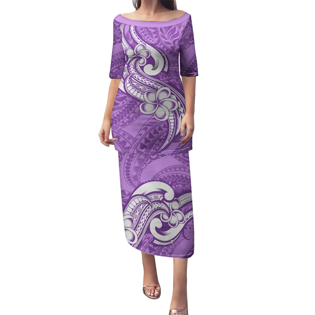 Polynesia Puletasi Plumeria With Tribal Pattern Purple Pastel Vibes LT14 Long Dress Purple - Polynesian Pride