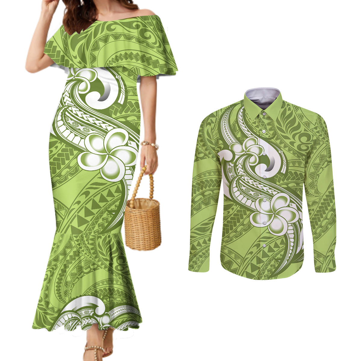 Polynesia Couples Matching Mermaid Dress and Long Sleeve Button Shirts Plumeria With Tribal Pattern Green Pastel Vibes LT14 Green - Polynesian Pride