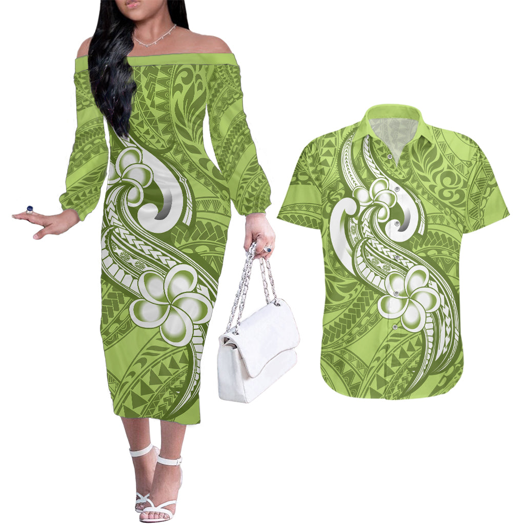 Polynesia Couples Matching Off The Shoulder Long Sleeve Dress and Hawaiian Shirt Plumeria With Tribal Pattern Green Pastel Vibes LT14 Green - Polynesian Pride