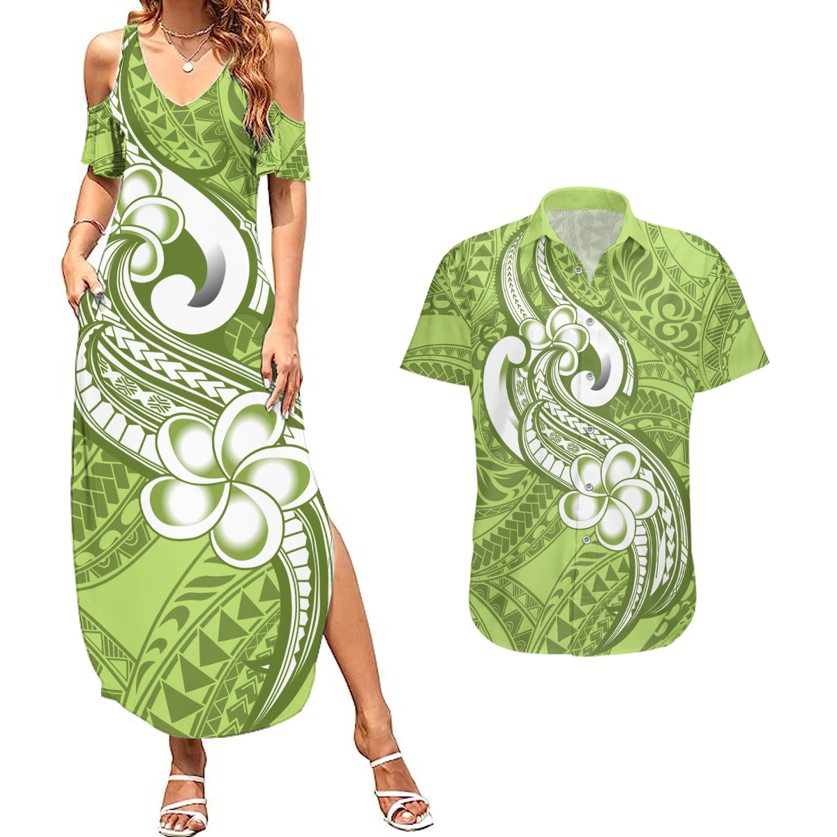 Polynesia Couples Matching Summer Maxi Dress and Hawaiian Shirt Plumeria With Tribal Pattern Green Pastel Vibes LT14 Green - Polynesian Pride