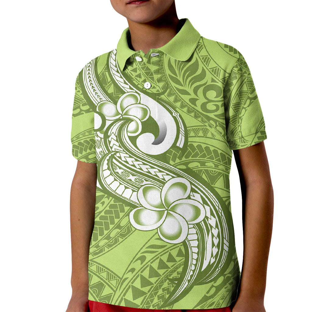 Polynesia Kid Polo Shirt Plumeria With Tribal Pattern Green Pastel Vibes LT14 Kid Green - Polynesian Pride