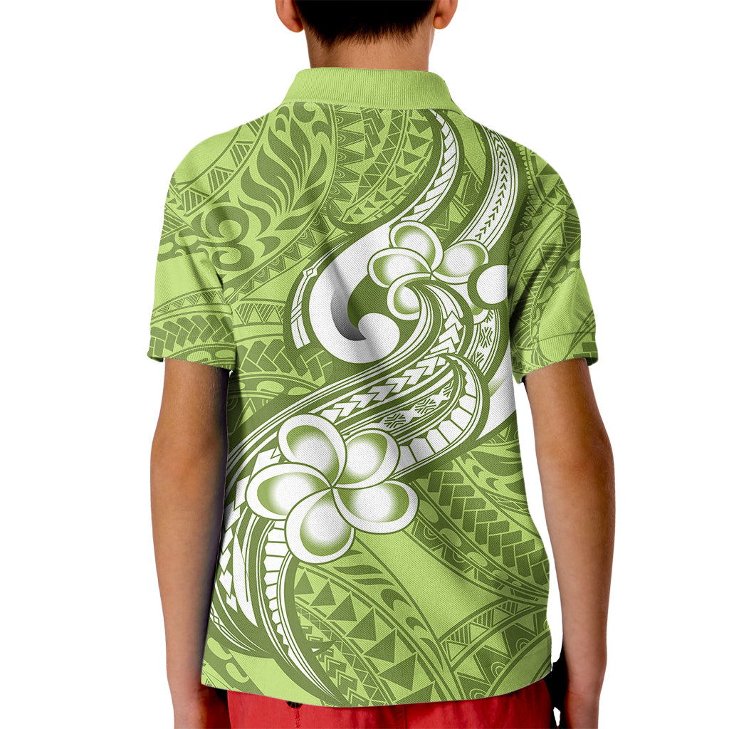 Polynesia Kid Polo Shirt Plumeria With Tribal Pattern Green Pastel Vibes LT14 - Polynesian Pride