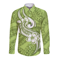 Polynesia Long Sleeve Button Shirt Plumeria With Tribal Pattern Green Pastel Vibes LT14 Unisex Green - Polynesian Pride
