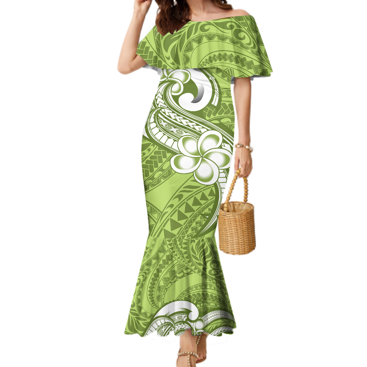 Polynesia Mermaid Dress Plumeria With Tribal Pattern Green Pastel Vibes LT14 Women Green - Polynesian Pride