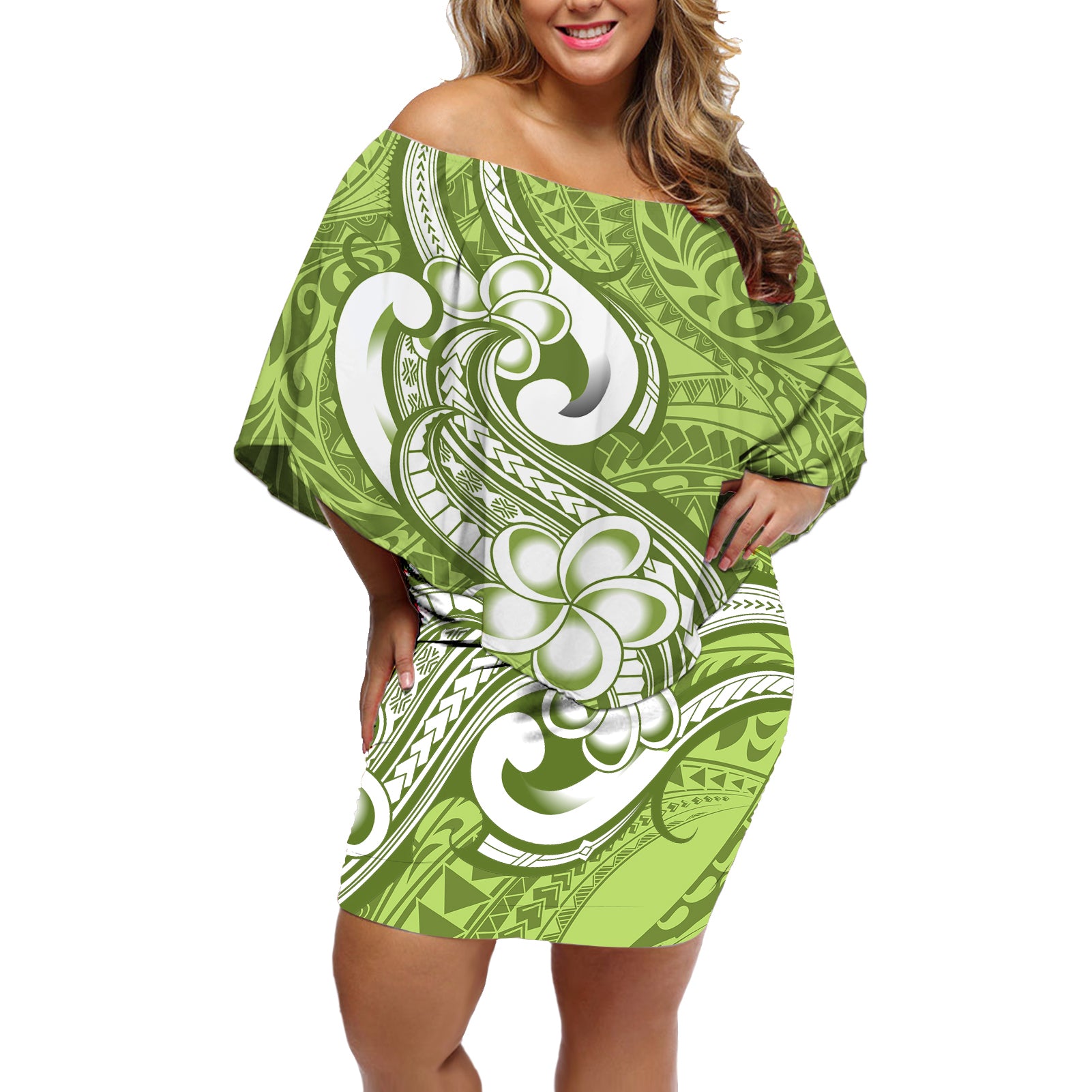 Polynesia Off Shoulder Short Dress Plumeria With Tribal Pattern Green Pastel Vibes LT14 Women Green - Polynesian Pride