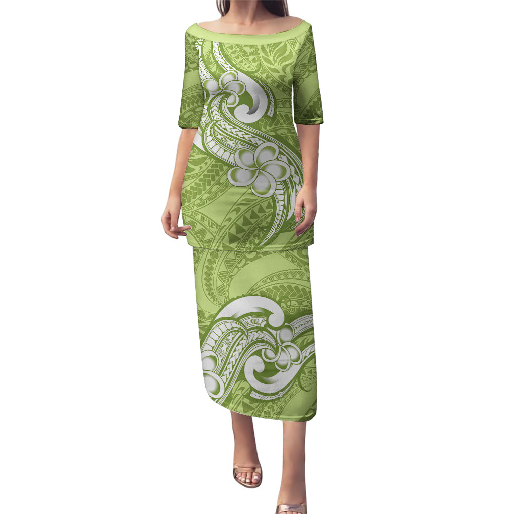 Polynesia Puletasi Plumeria With Tribal Pattern Green Pastel Vibes LT14 Long Dress Green - Polynesian Pride