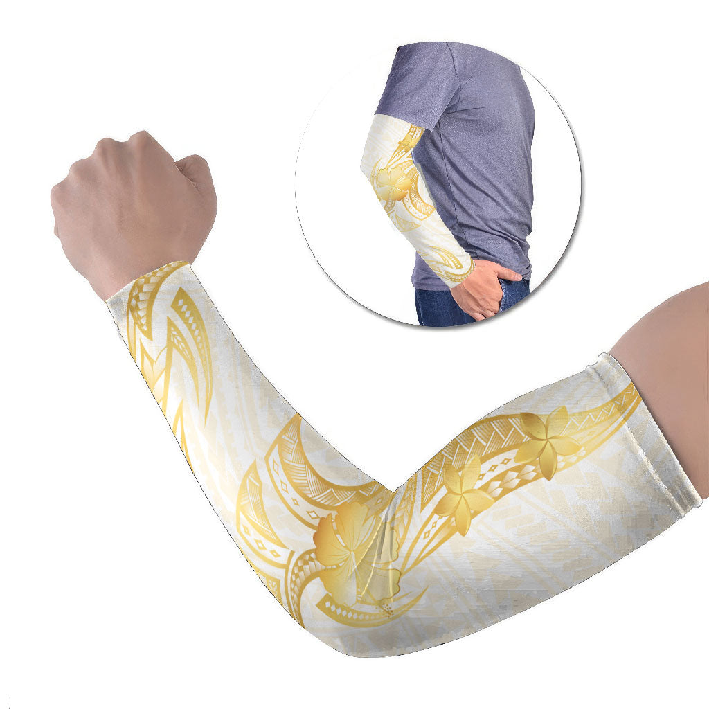 Polynesia White Sunday Arm Sleeves Polynesian Tattoo Plumeria Hibiscus Gold LT14 Set of 2 White - Polynesian Pride