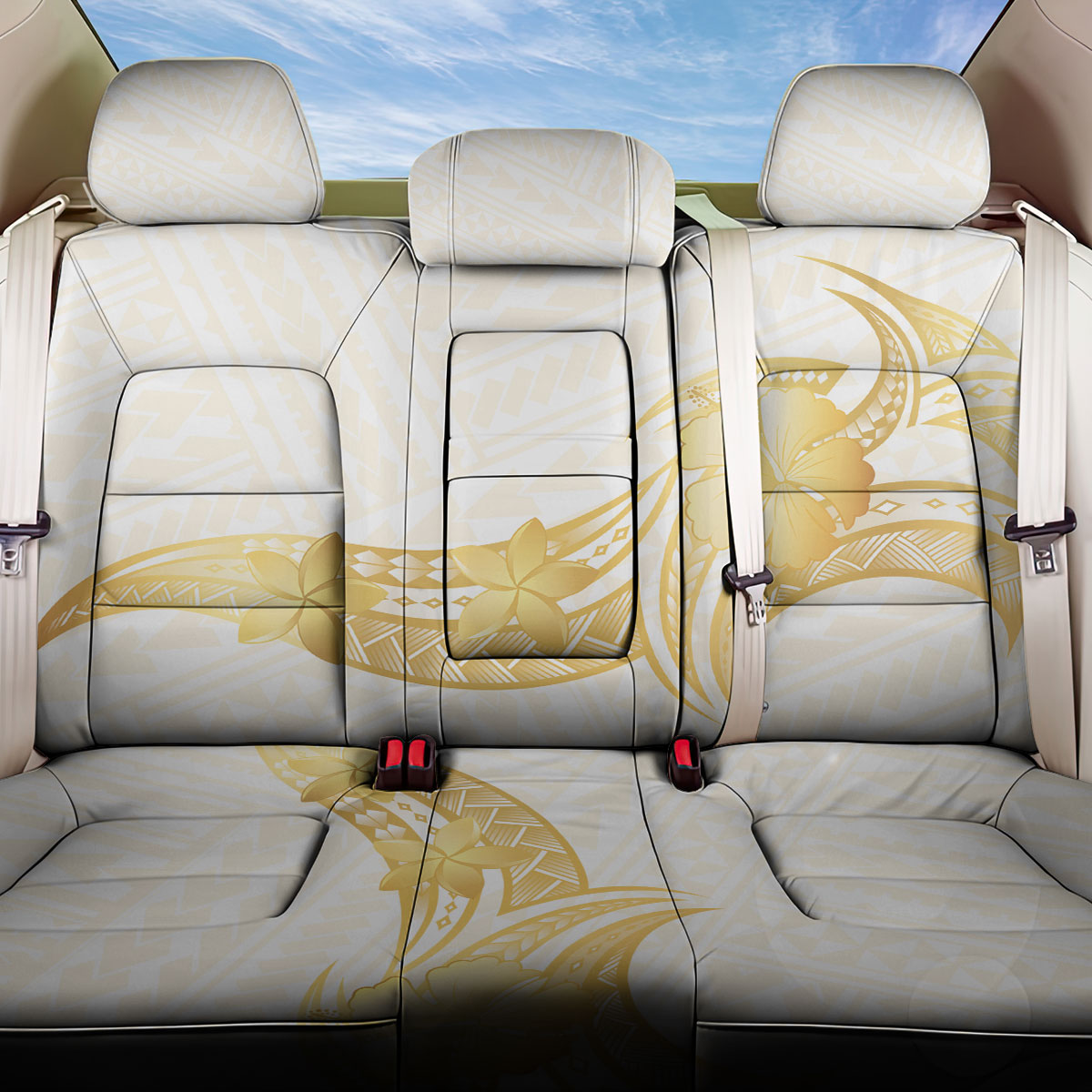Polynesia White Sunday Back Car Seat Cover Polynesian Tattoo Plumeria Hibiscus Gold