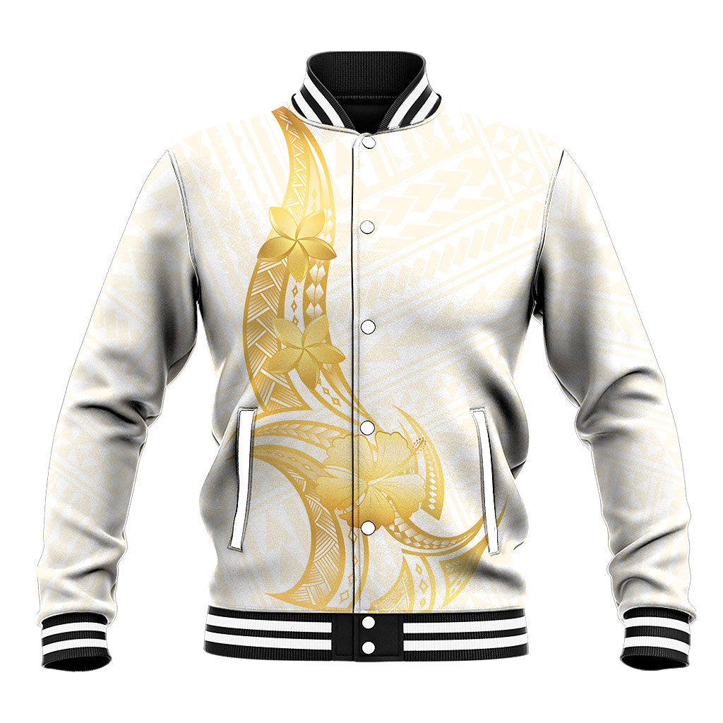 Polynesia White Sunday Baseball Jacket Polynesian Tattoo Plumeria Hibiscus Gold LT14 Unisex White - Polynesian Pride