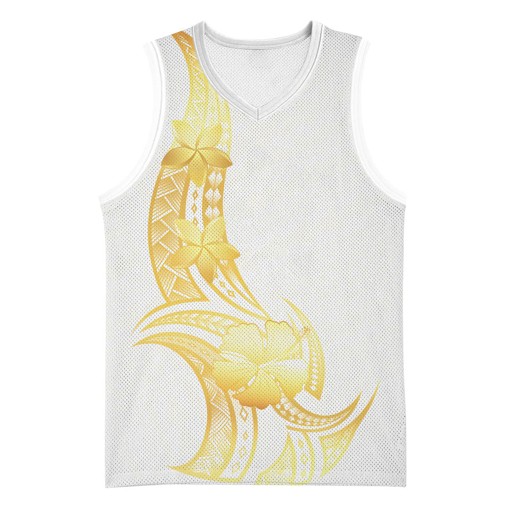 Polynesia White Sunday Basketball Jersey Polynesian Tattoo Plumeria Hibiscus Gold LT14 Unisex White - Polynesian Pride